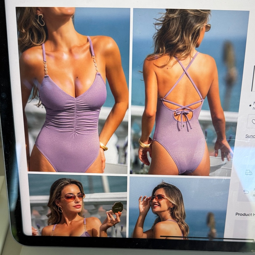 NWOT-Cupshe Lavender Ruched One-Piece Swimsuit with Gold Chain Straps